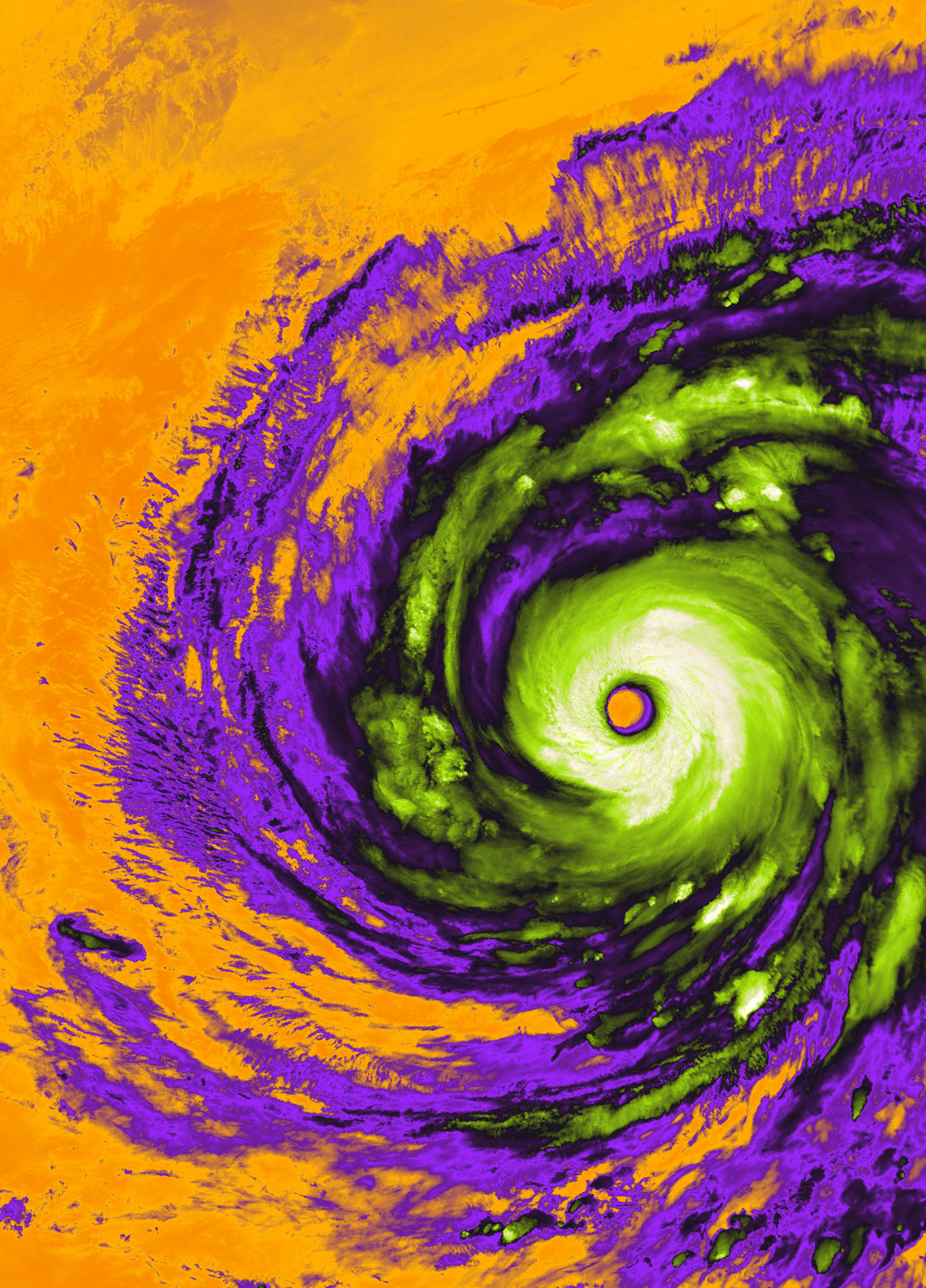 False-colour visualization with an orange circular eye, green and white spiral and surrounding purple clouds.