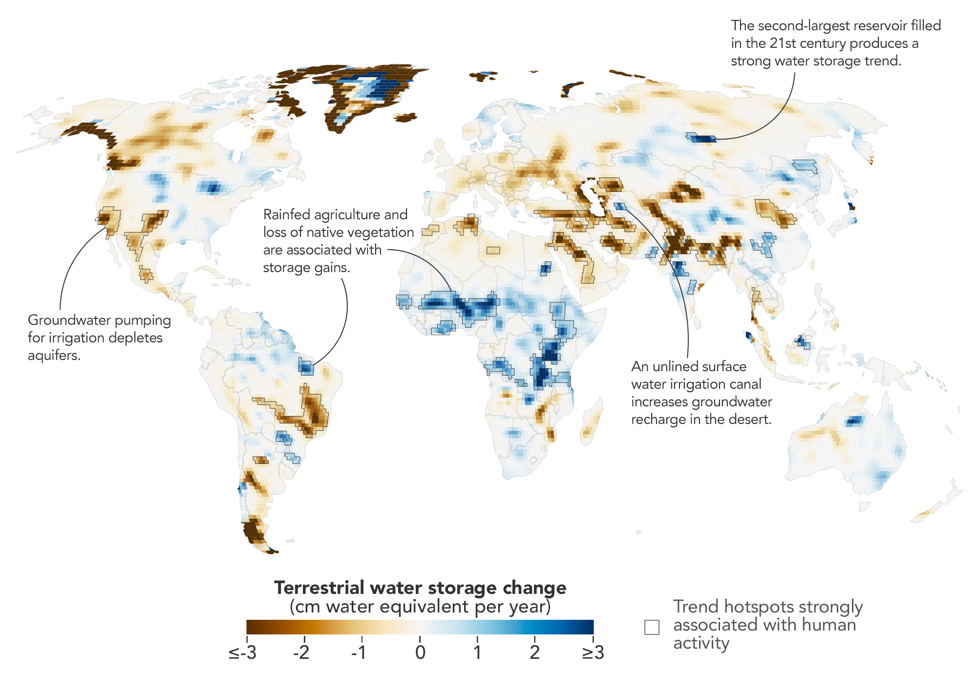 Weltkarte der Trends der Wasserspeicherung auf den Kontinenten mit blauen Gewinnflächen, orangefarbenen und braunen Verlustflächen und schwarz umrandeten Regionen.