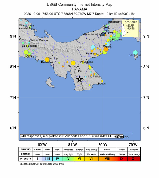 パナマ地震の体感報告を示すUSGS地図。