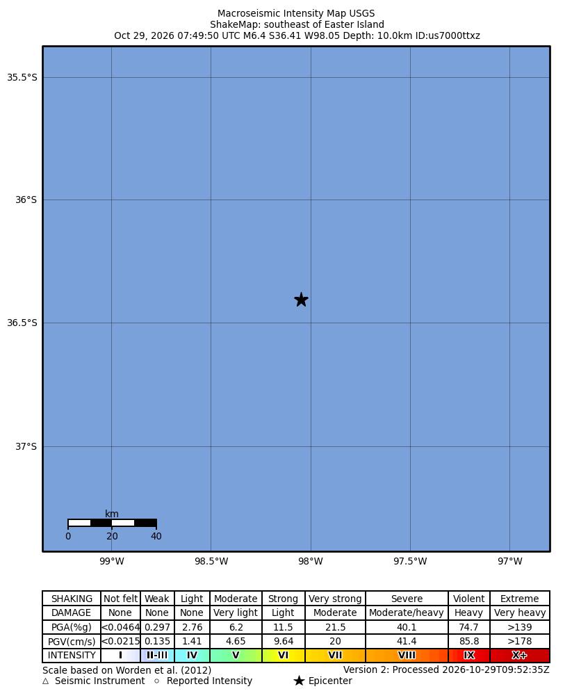 Mapa oficial USGS com estrela no epicentro oceânico, coordenadas, escala e legenda completas.